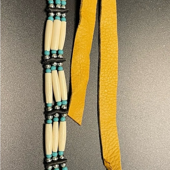 Buffalo Bone Native American Tribal Choker Beaded Turquoise Pewter Necklace VTG - Picture 8 of 16